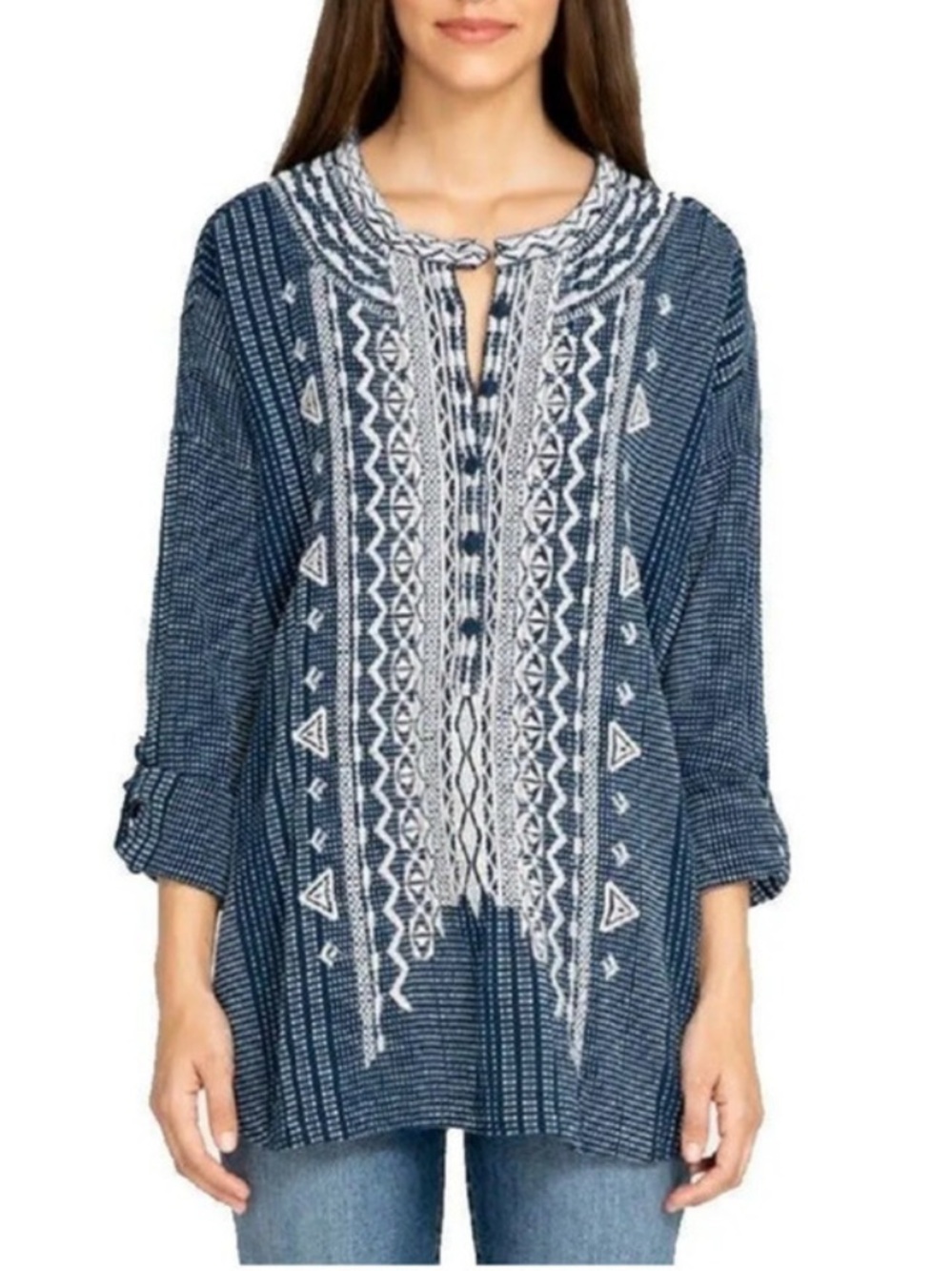 Johnny Was Jemah Embroidered Blouse in Navy Blue Multi Medium